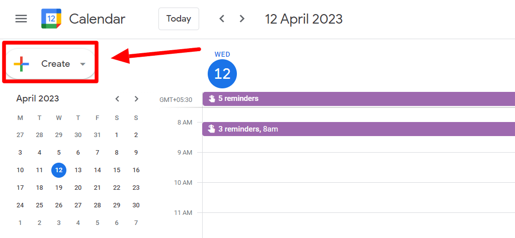 The Create button in Google Calendar is highlighted.
