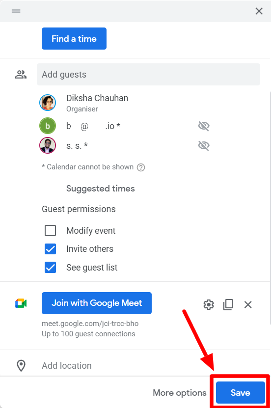 The Save button in the event editor is highlighted.
