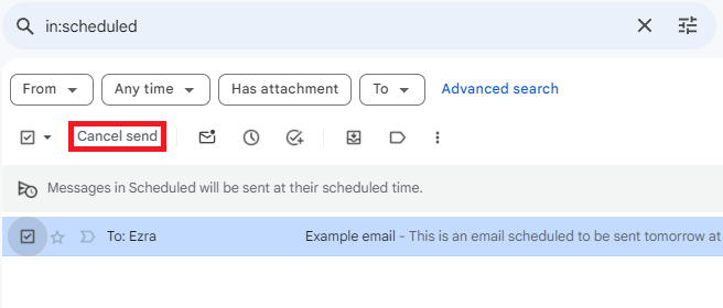 A scheduled Gmail message selected, with Cancel send highlighted in the toolbar.