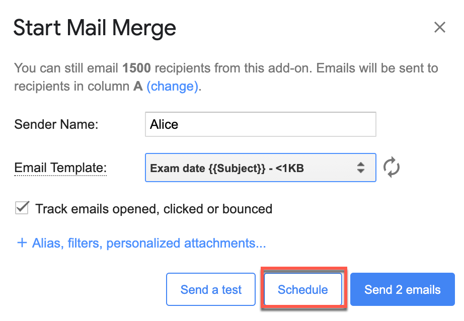 The YAMM Start Mail Merge dialog with the Schedule button highlighted.
