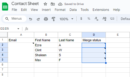 YAMM contact sheet with empty cells selected in the Merge status column.