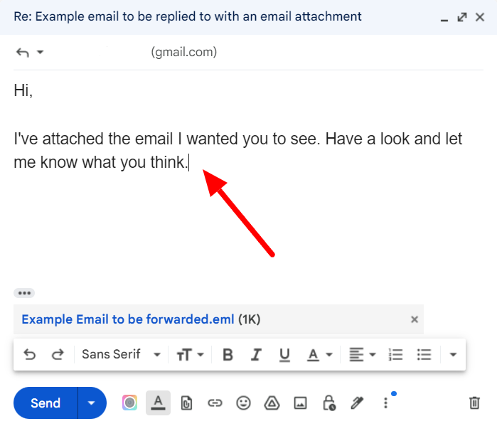 A reply draft with an introductory message and an .eml email attachment.