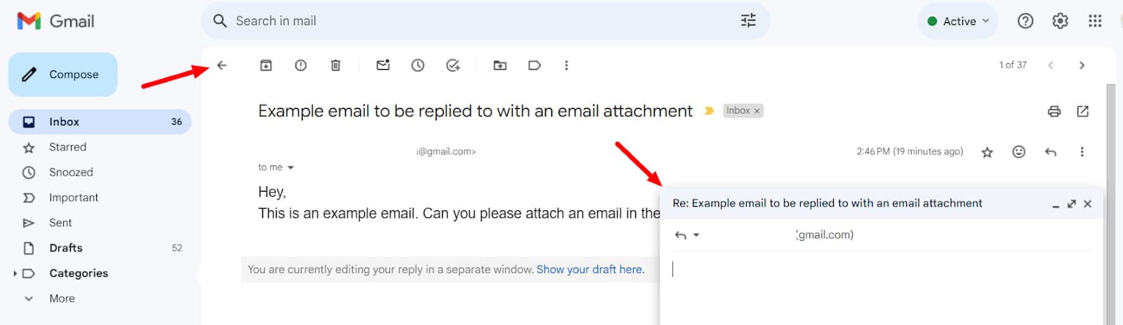 A reply opened in a separate compose window while the original message stays visible.