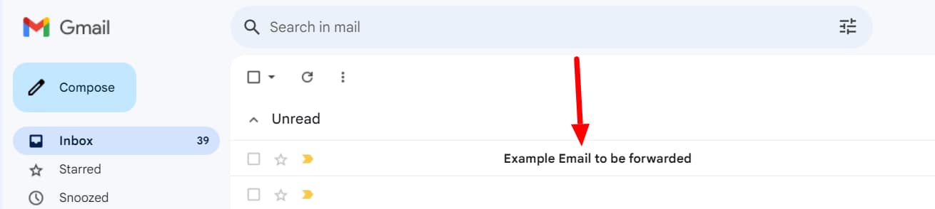 An inbox message is highlighted as the email to forward.