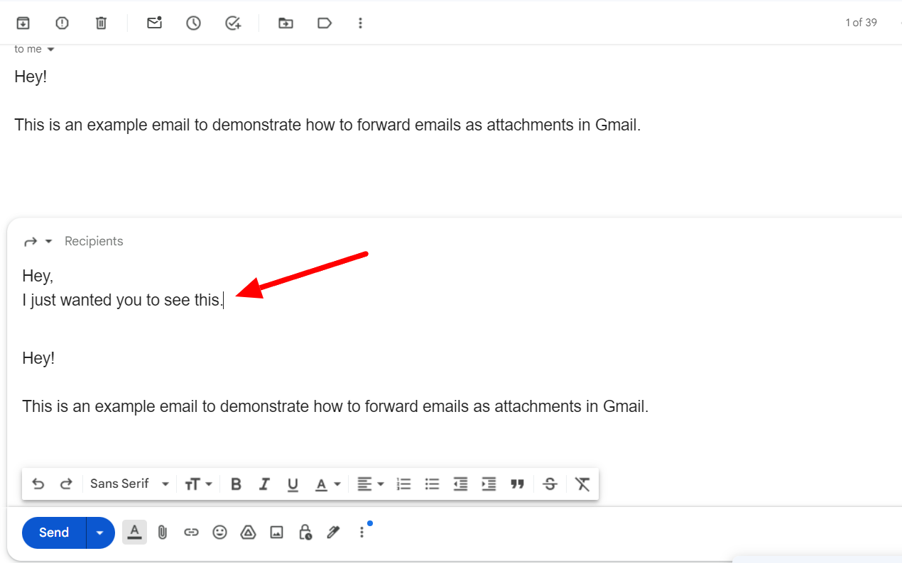 An introductory note typed above the forwarded email's content.