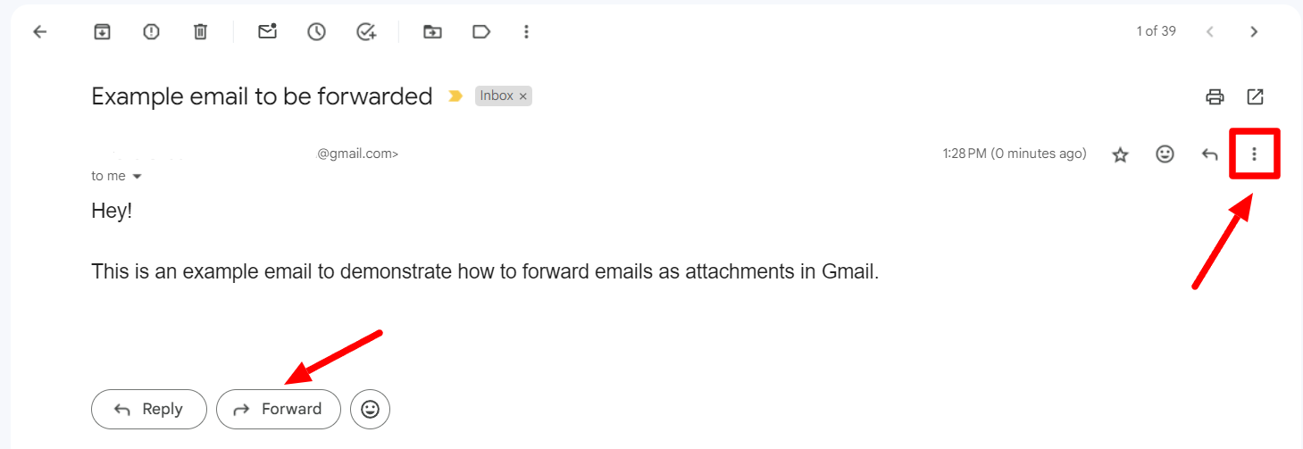 An opened message with arrows pointing to Forward and the three-dot menu.