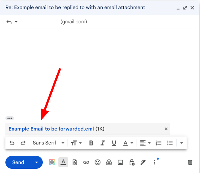 The forwarded email appears as an .eml attachment in the reply.