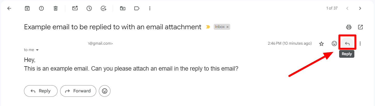 The Reply icon at the top of a Gmail message is highlighted.