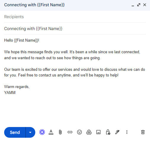 Gmail draft with a First Name merge field in the subject and greeting.