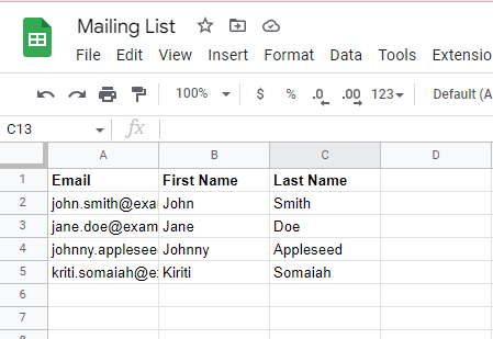 Google Sheets mailing list with Email, First Name, and Last Name columns.
