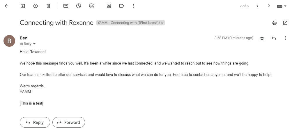 Received email with the recipient's first name inserted in the subject and greeting.