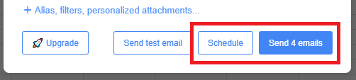 YAMM Schedule and Send 4 emails buttons highlighted.