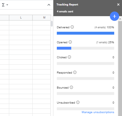 YAMM Tracking Report showing four emails delivered and one opened.
