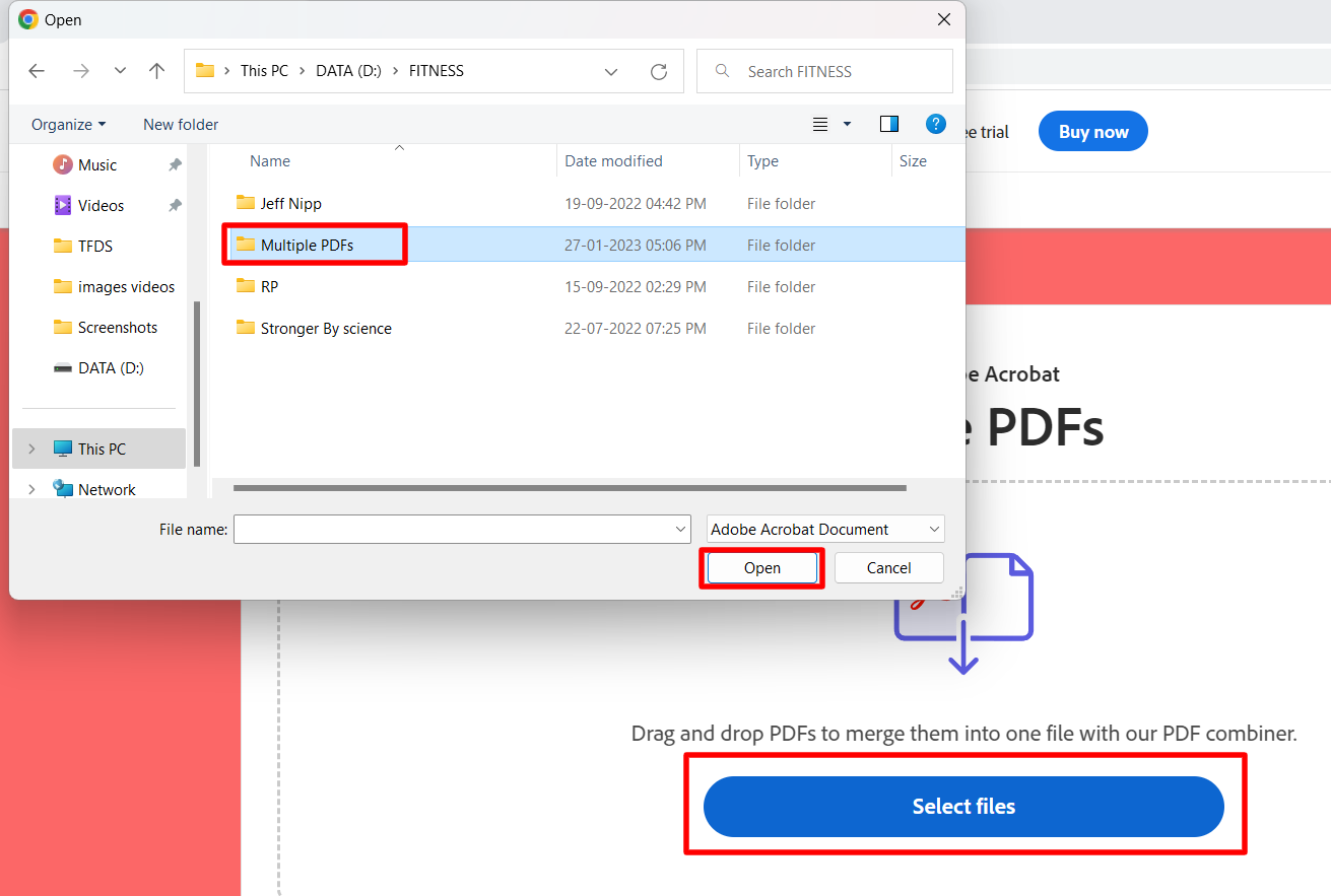 A file picker opens from Adobe's Select files button to choose the PDFs.