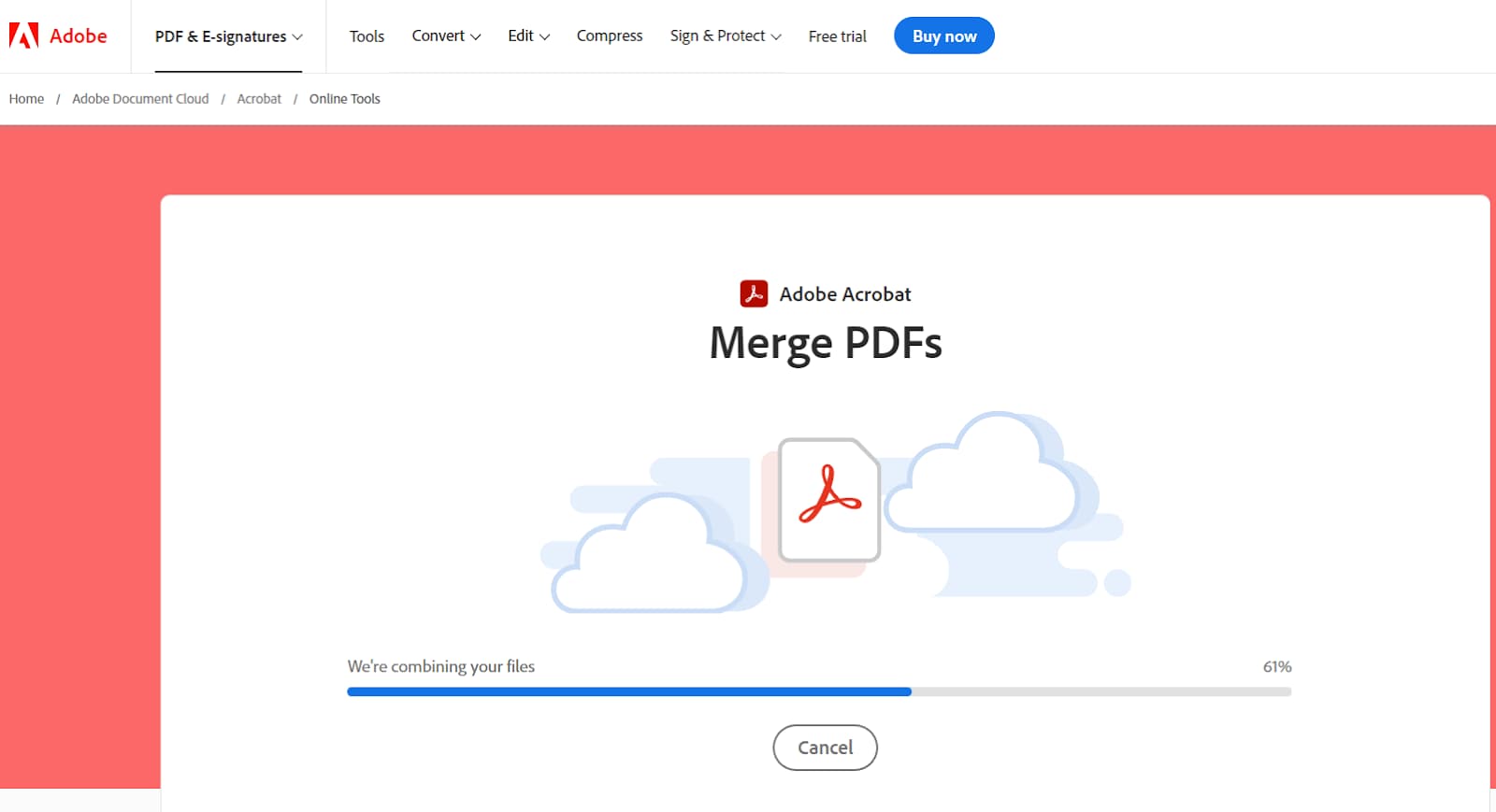 Adobe's Merge PDFs tool displays progress while combining the files.