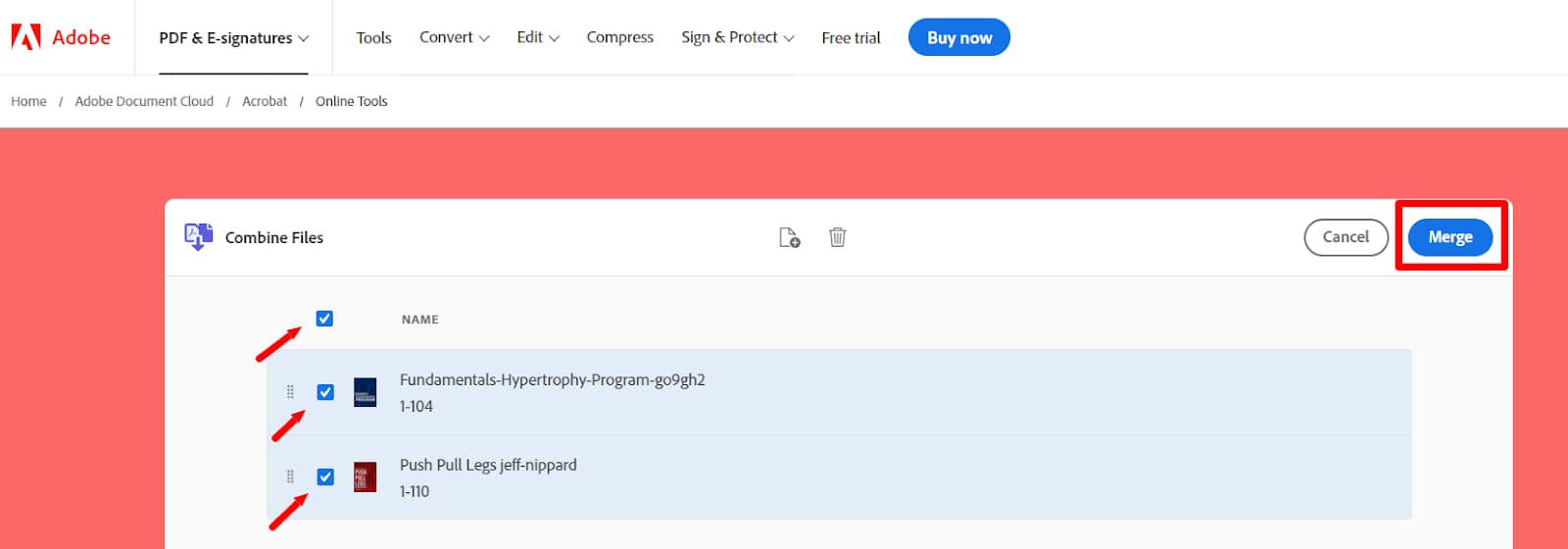 Both PDFs selected for merging, with the Merge button highlighted.