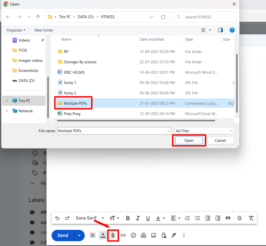 Gmail's Attach files button opens a file picker with the compressed PDF archive selected.