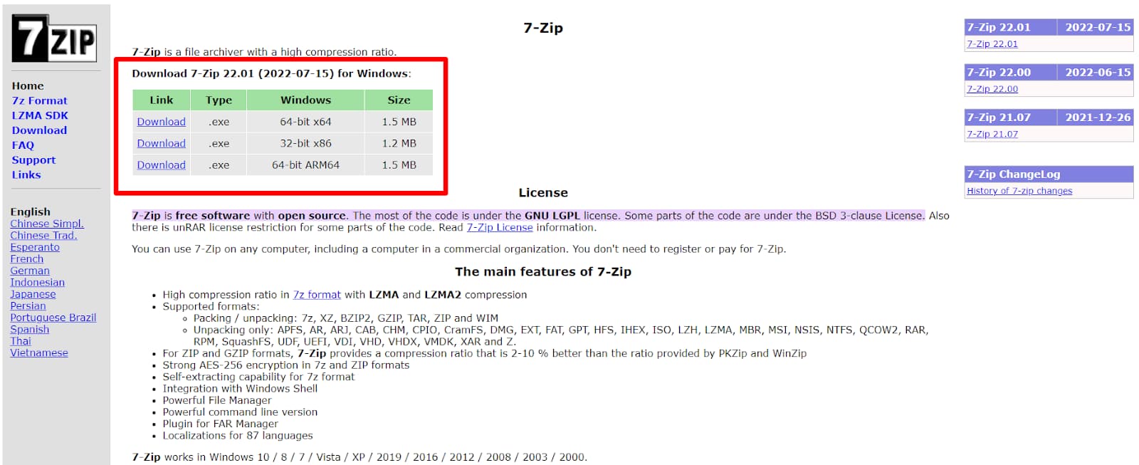 The 7-Zip download page with Windows installer options highlighted.