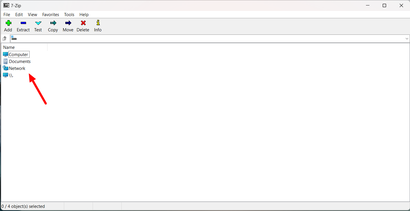 The 7-Zip File Manager opens with computer, documents, and network locations.
