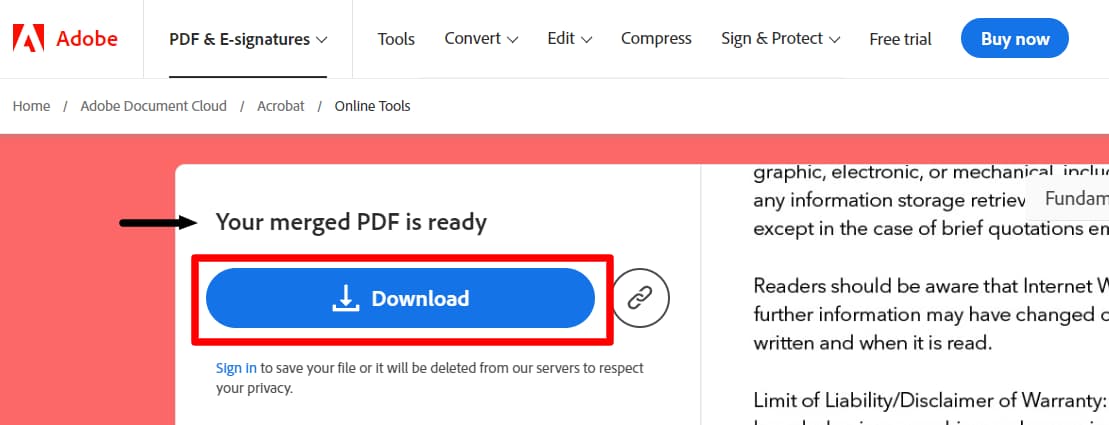 The completed merged PDF with its Download button highlighted.