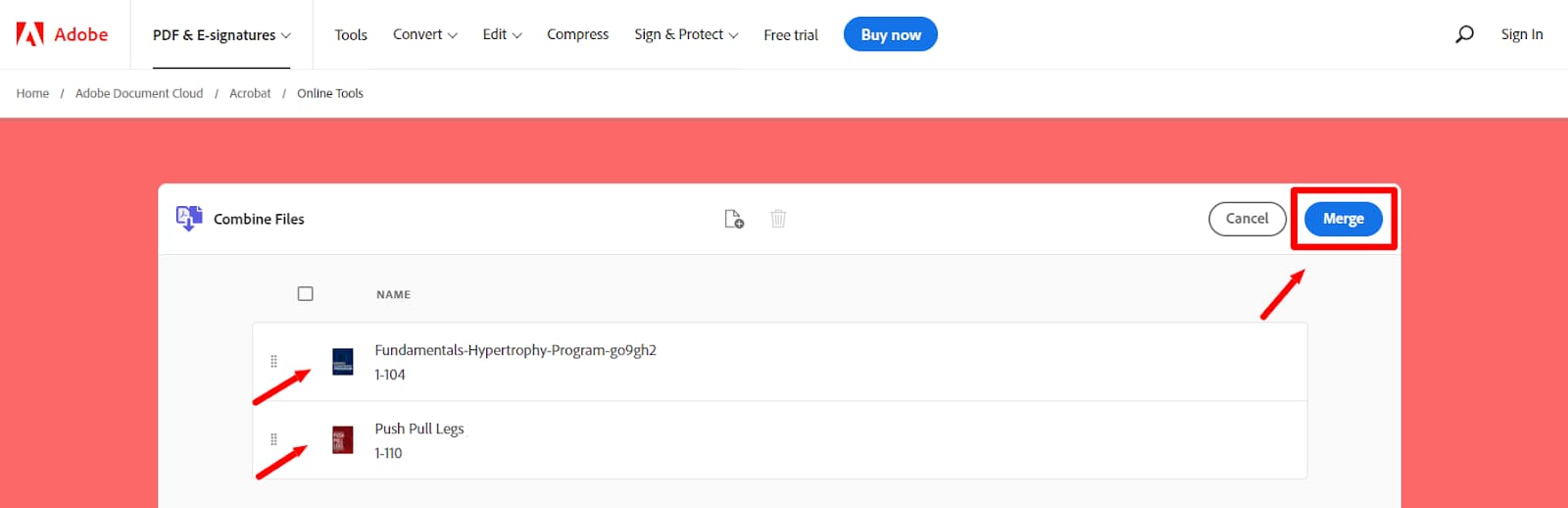 Two PDFs listed in Adobe's Combine Files interface beside the Merge button.