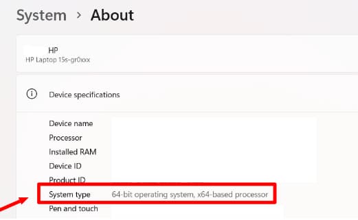 Windows device specifications show a 64-bit operating system and x64-based processor.