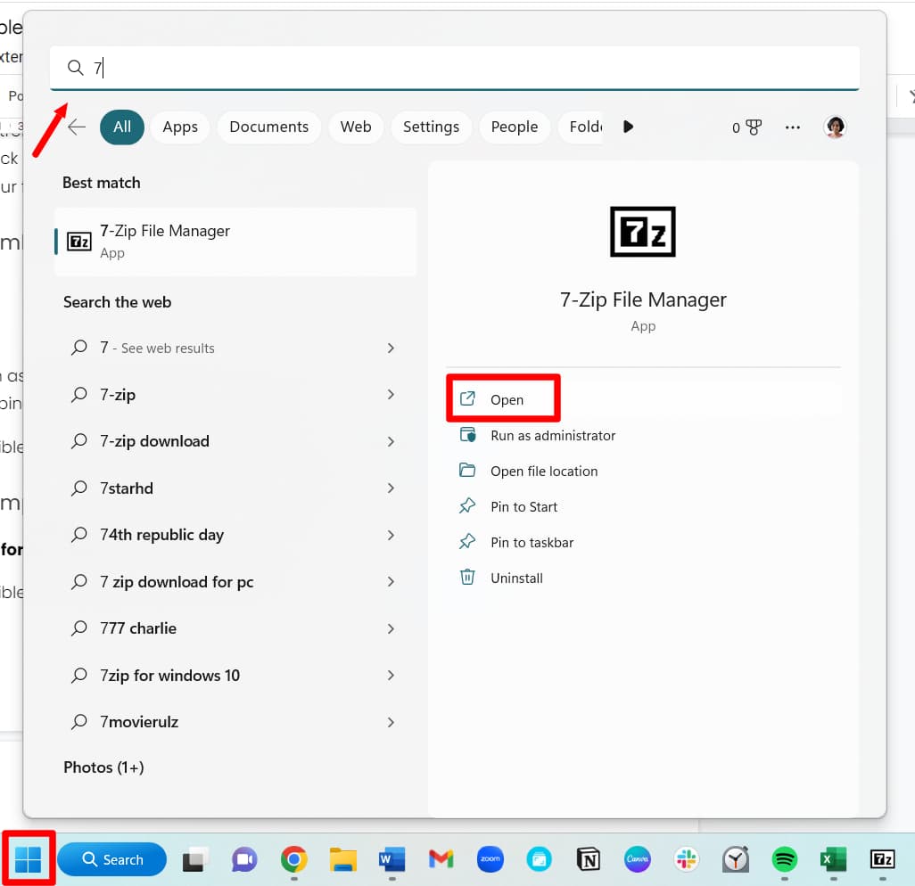 Windows search results show 7-Zip File Manager and its Open button.