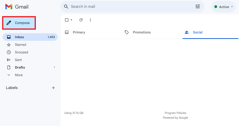 Gmail inbox with the Compose button highlighted.