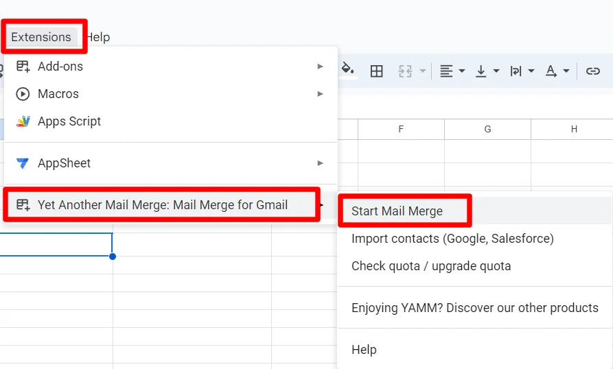 Google Sheets Extensions menu open on Yet Another Mail Merge, with Start Mail Merge highlighted.