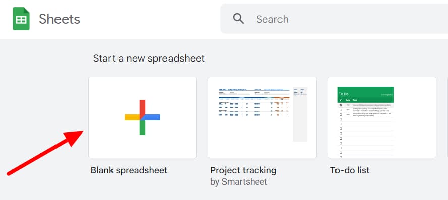 Google Sheets home with the Blank spreadsheet tile indicated.