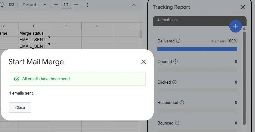EMAIL_SENT in the Merge status column, an All emails have been sent message, and the tracking report open on the right.