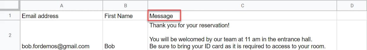 Google Sheet with Email address, First Name and Message columns, where Bob's Message cell holds a note about his reservation.