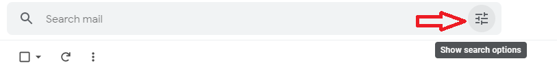 Gmail search bar with Show search options highlighted.