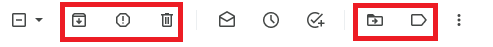 Gmail toolbar with archive, spam, delete, move, and label controls highlighted.