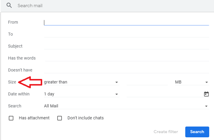 Gmail advanced search panel with the Size filter indicated.