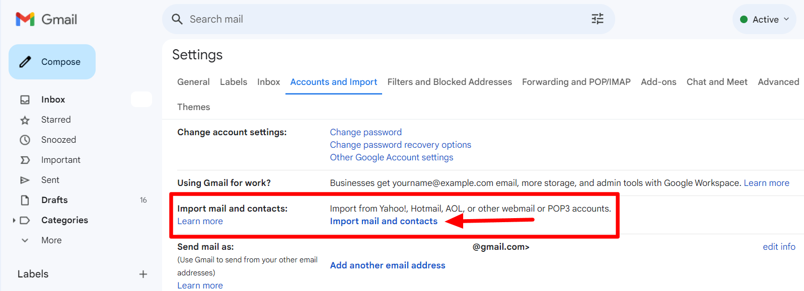 Gmail Accounts and Import settings with Import mail and contacts highlighted.