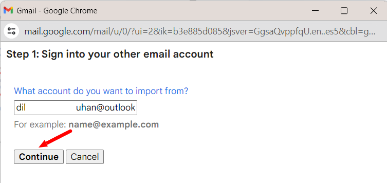 Gmail import dialog containing an Outlook email address and a Continue button.