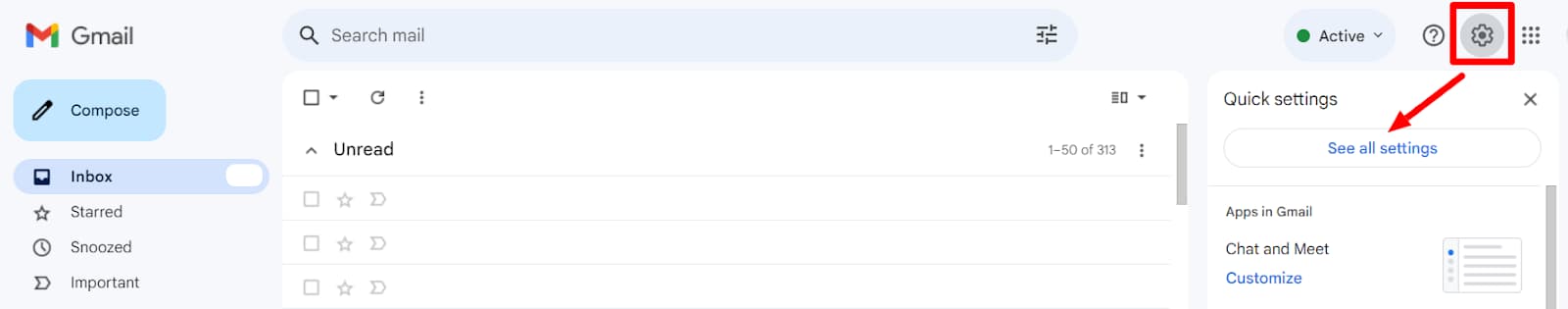 Gmail settings gear and See all settings highlighted.