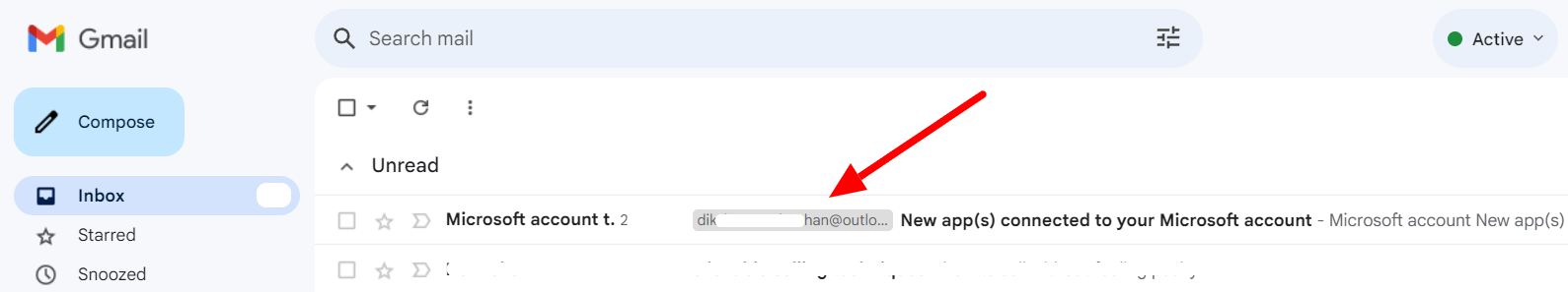 Imported Outlook message visible in the Gmail inbox.