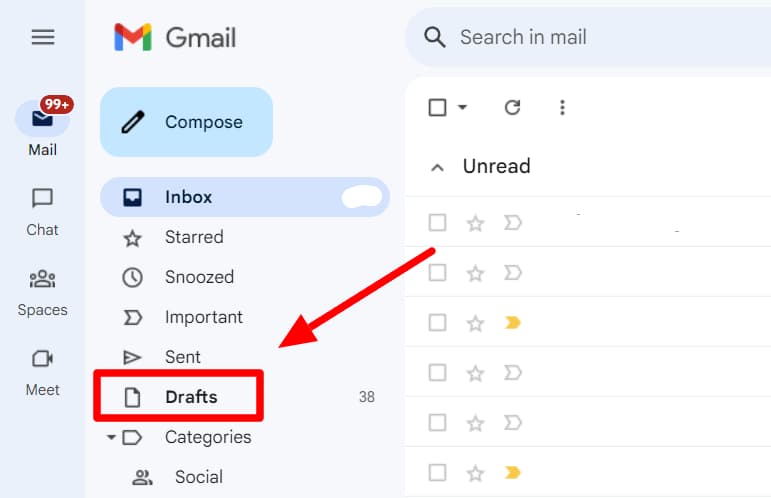 Gmail sidebar with the Drafts folder highlighted.