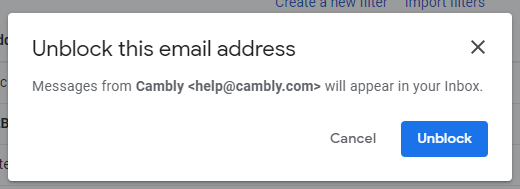 Confirmation dialog for unblocking an email address.