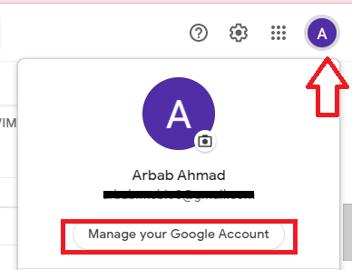 Gmail account menu with Manage your Google Account highlighted.