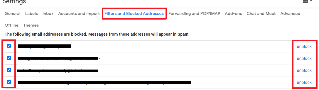 Gmail blocked-address list with checkboxes selected and unblock links highlighted.