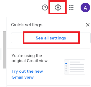 Gmail settings gear and See all settings button highlighted.