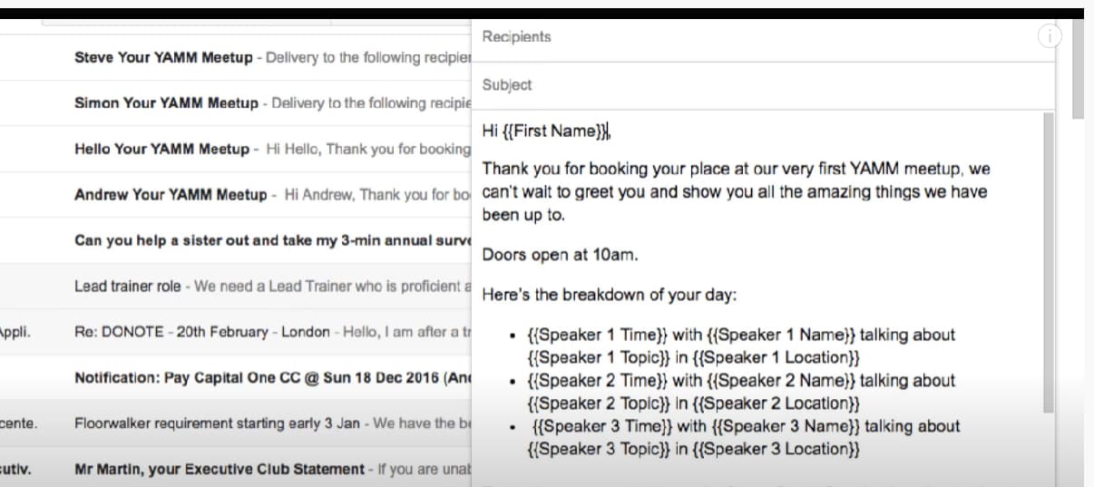 Gmail event template containing merge fields for attendee names, speaker times, topics, and locations.