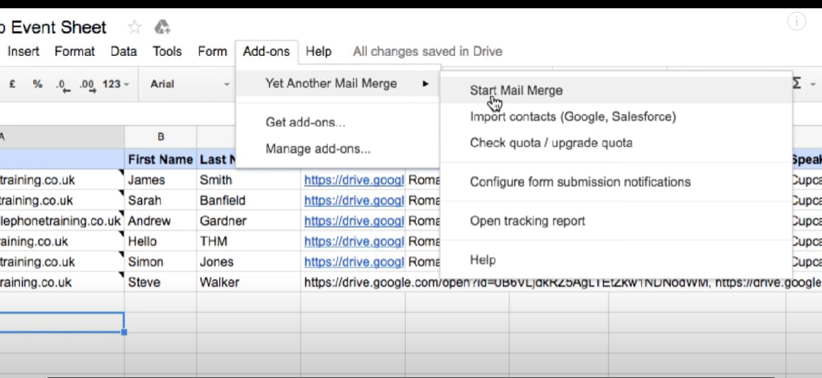 Google Sheets Add-ons menu with YAMM Start Mail Merge selected.