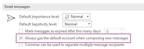 The Outlook Options screen showing where to select 'always use the default account'