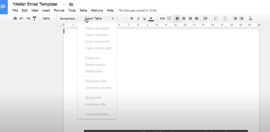 Google Docs Table menu in a YAMM email-template document.
