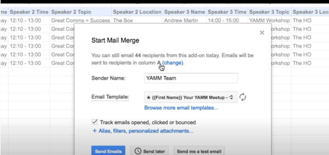 YAMM Start Mail Merge dialog with a selected event-email template.