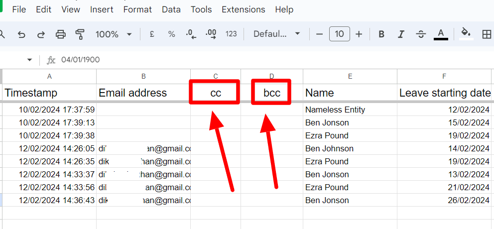 Google Sheets mailing list with cc and bcc column headings highlighted.